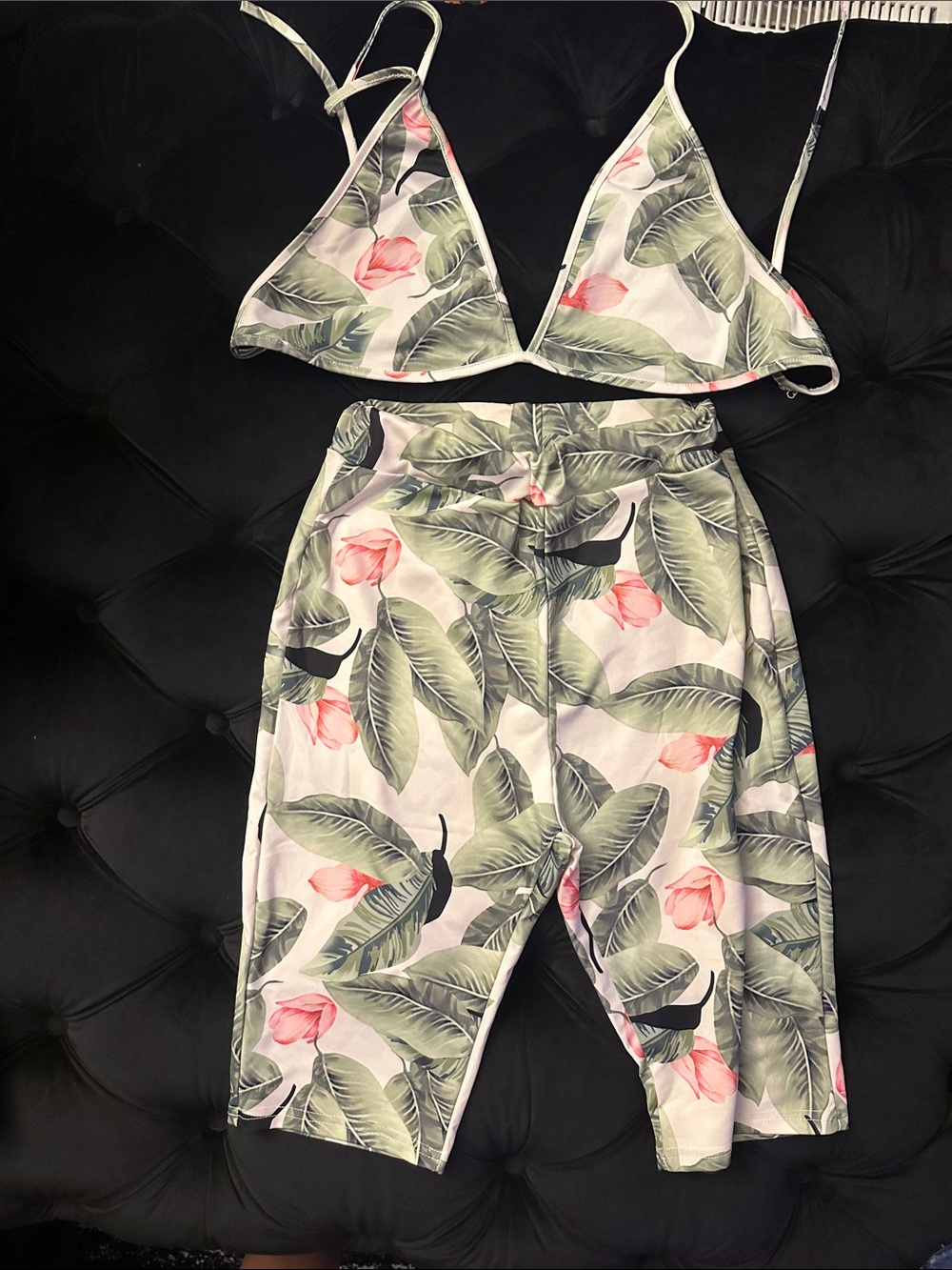 Tropical Leaf Print High-Waist Pants - Pink & Green